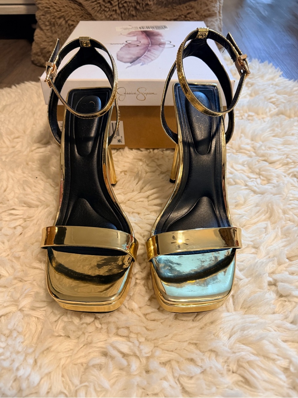 New Jessica Simpson Gold Metallic Ankle Strap Block Heels